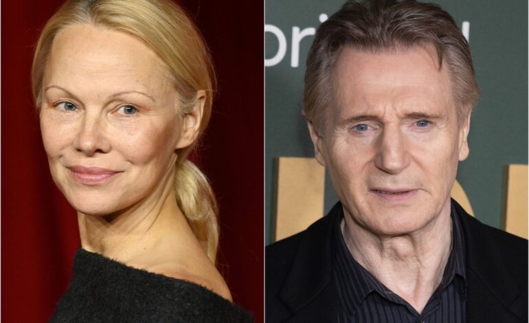 Pamela Anderson Sparks Red Carpet Buzz with Liam Neeson Cheek Kiss